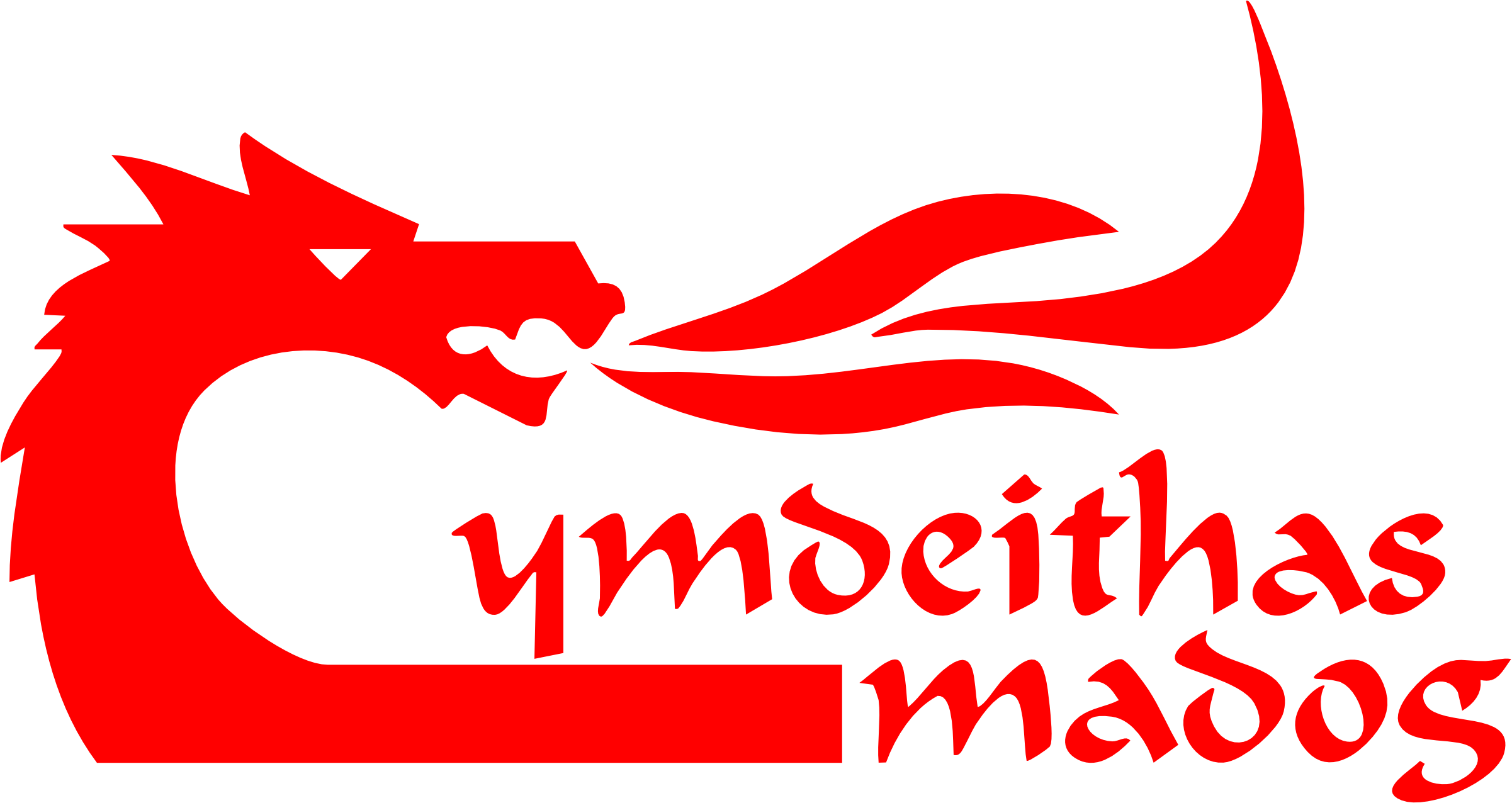 The Cymdeithas Madog logo is a stylized red dragon's head with flames coming out of its mouth. The head and curved neck form the C of a calligraphic lettering of "Cymdeithas Madog"